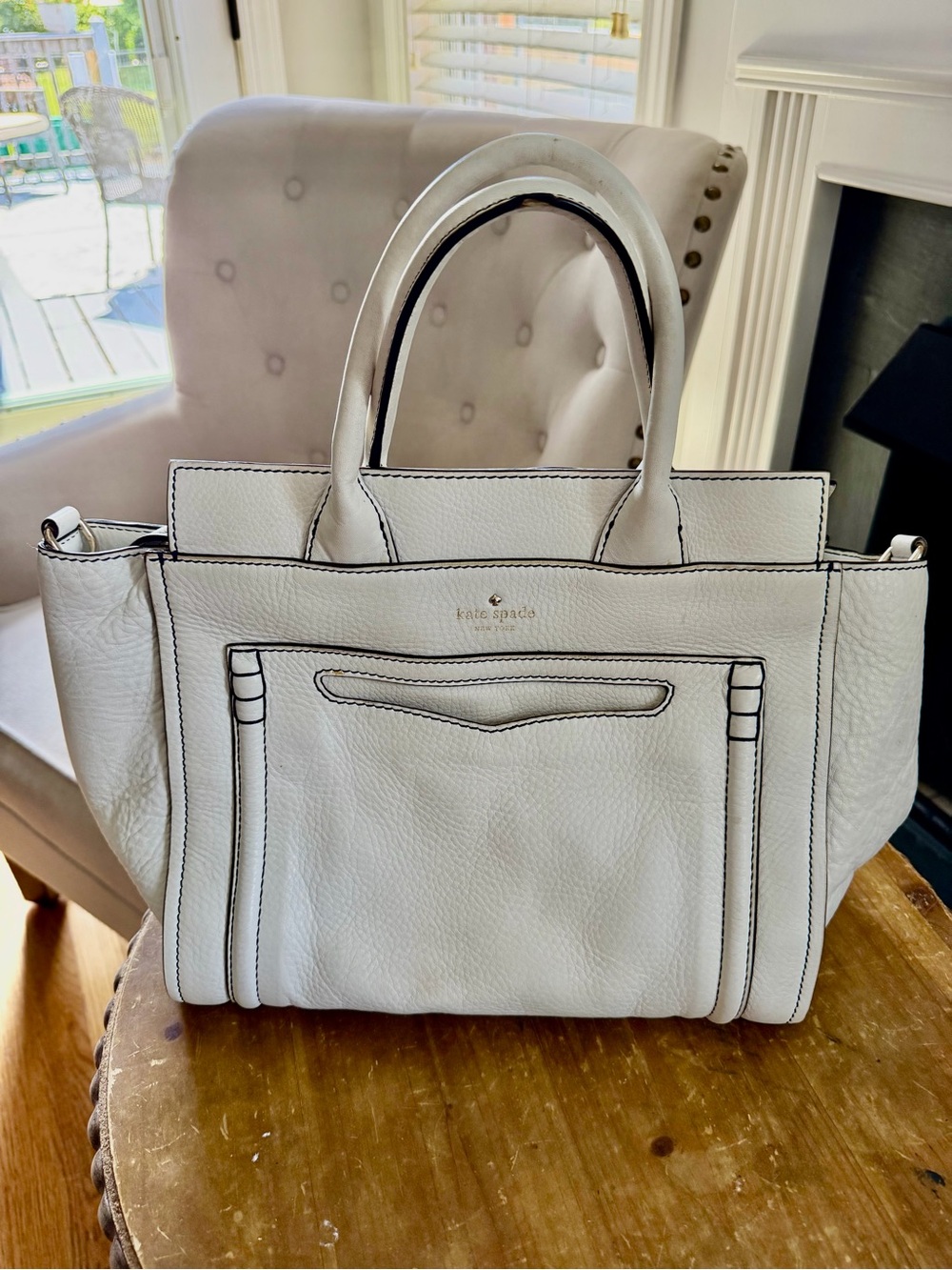 Kate Spade White Pebbled Leather Tote with Contrast Stitching